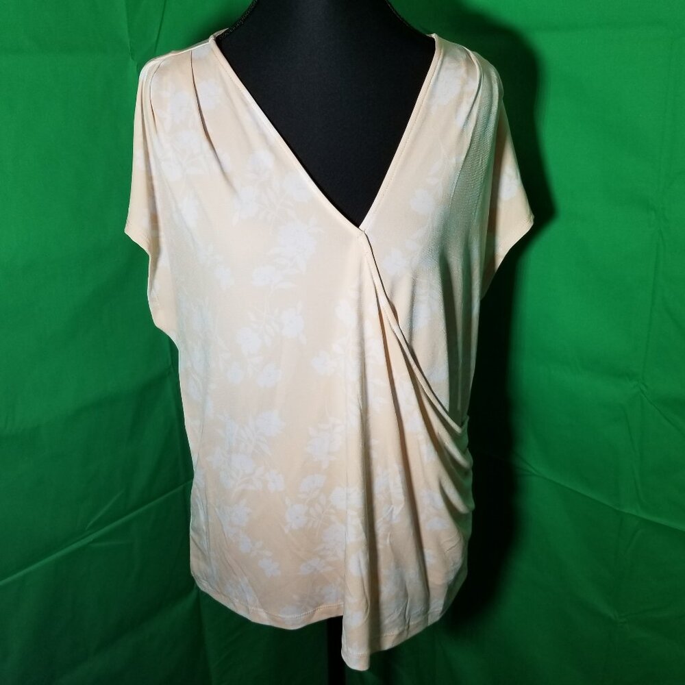 Liz Claiborne Womens Size Large Blouse Peach Floral Faux Wrap Work Preppy